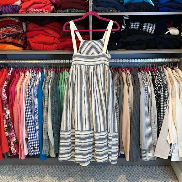 Ciel 100% linen navy and ivory striped lined midi dress size S - Picture 3 of 3